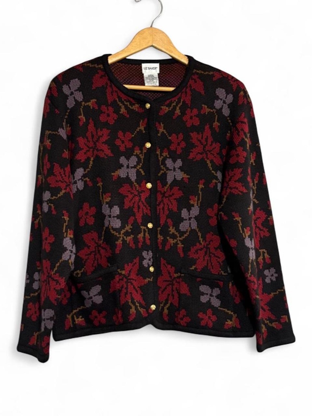 Liz Baker Black Cardigan with Red and Lavender Floral Knit